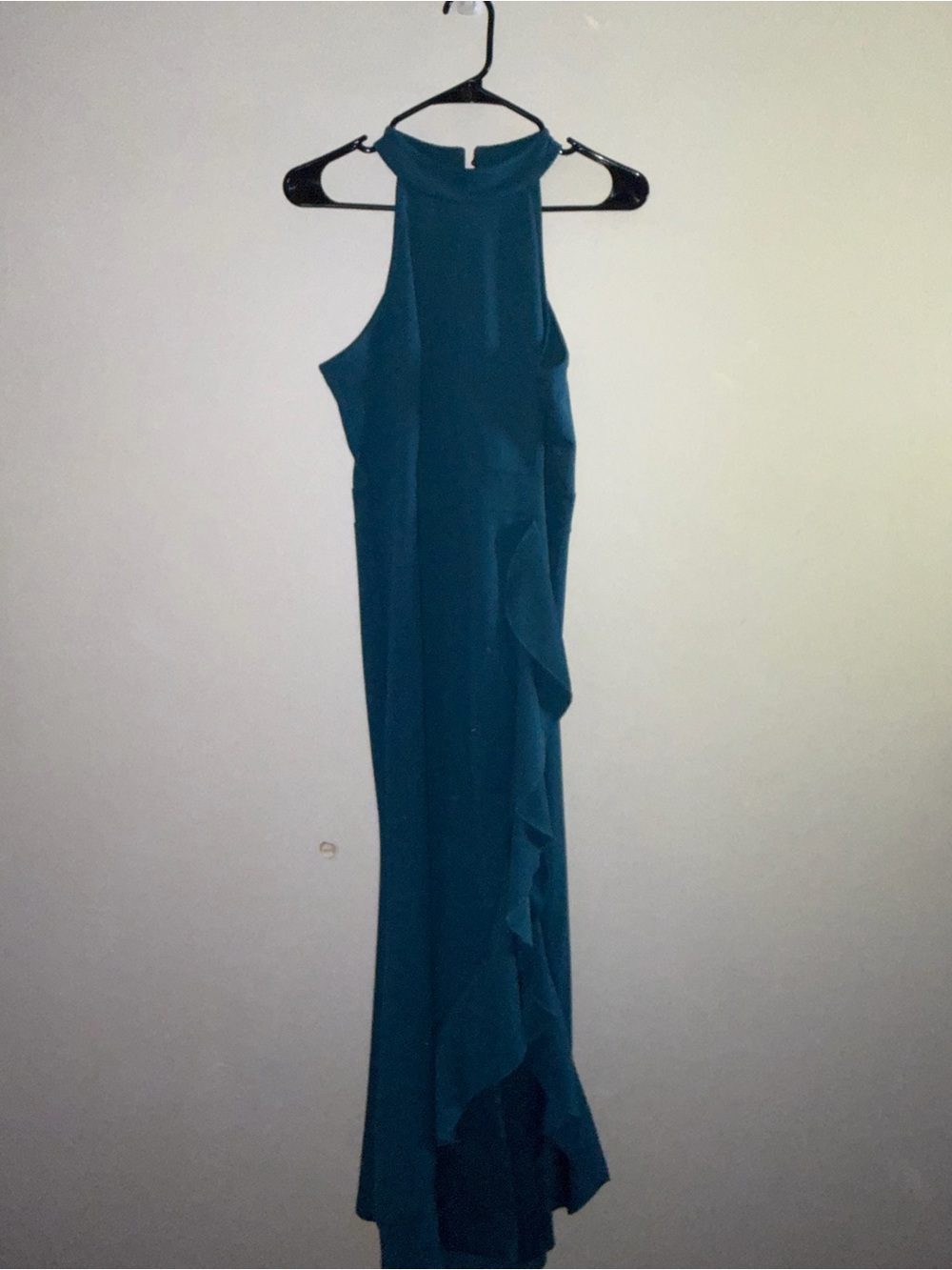 Teal High-Neck Ruffled Evening Dress